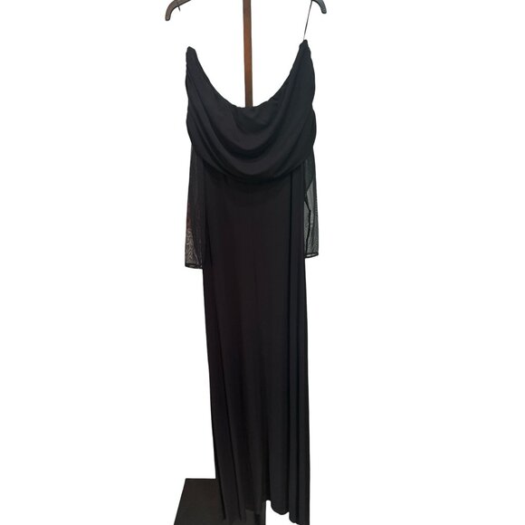 NWT The Kooples‎ Black Long Bardot Jersey Dress Tulle Sleeves Side Slit US 8 - Picture 6 of 13